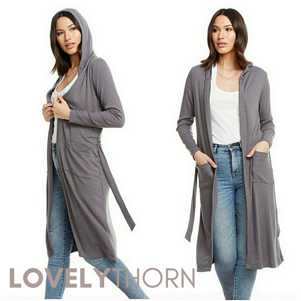 CHASER // comfy-chic taupe tan belted hoodie duster